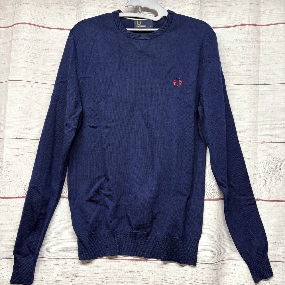 Fred Perry Men's Navy Blue 100% Merino Wool Jumper Size S Tipped Neck Mod